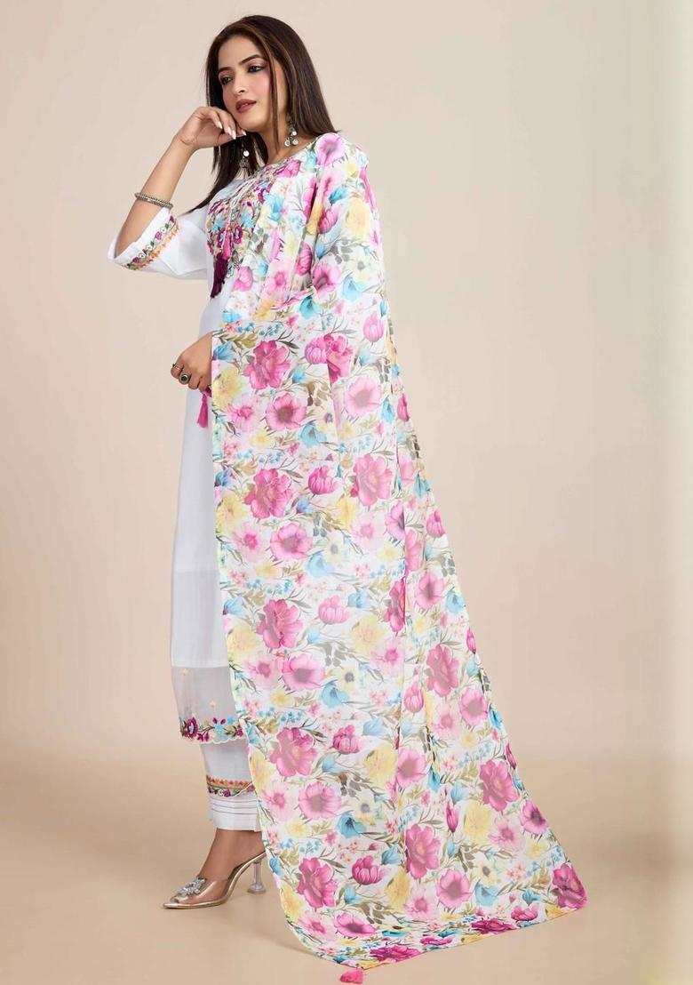 White Embroidered Silk Kurta Set - Indya
