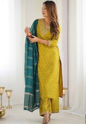 Green Self Design Silk Blend Kurta Set