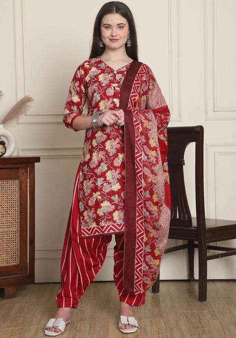 Red Printed Cotton Kurta Set — view on Indya