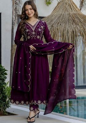 Purple Embroidered Silk Kurta Set