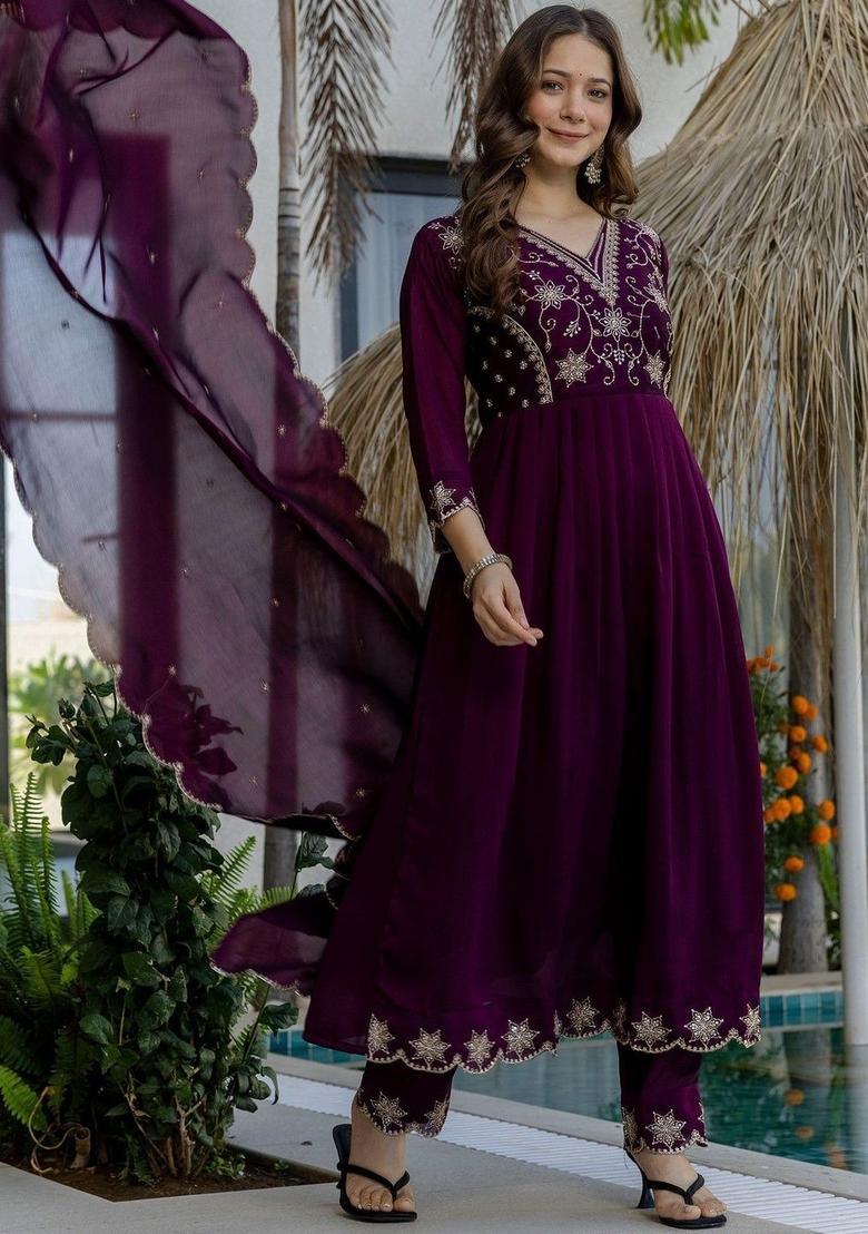 Purple Embroidered Silk Kurta Set - Indya