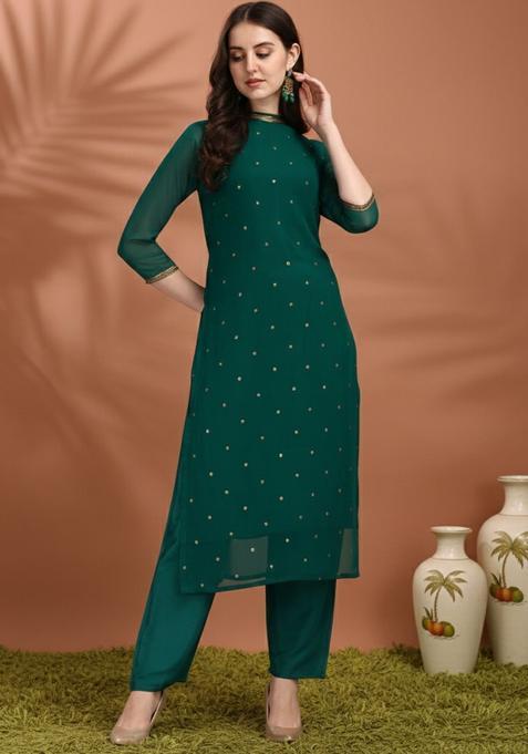 Green Embroidered Cotton Kurta Set — view on Indya