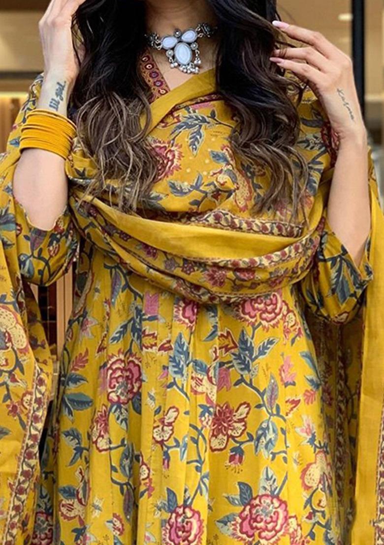Yellow Printed Viscose Kurta Set - Indya