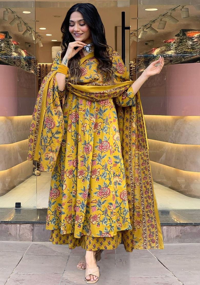 Yellow Printed Viscose Kurta Set - Indya