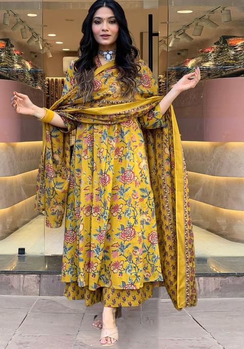 Yellow Printed Viscose Kurta Set — view on Indya