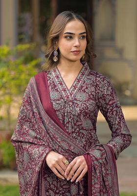 Purple Printed Viscose Kurta Set