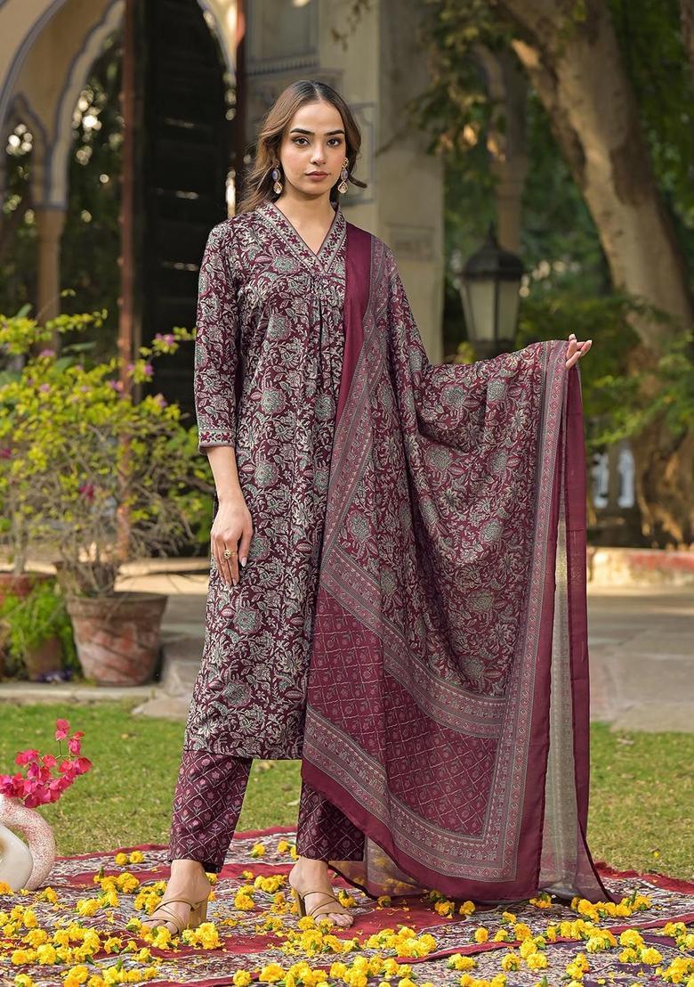 Purple Printed Viscose Kurta Set - Indya