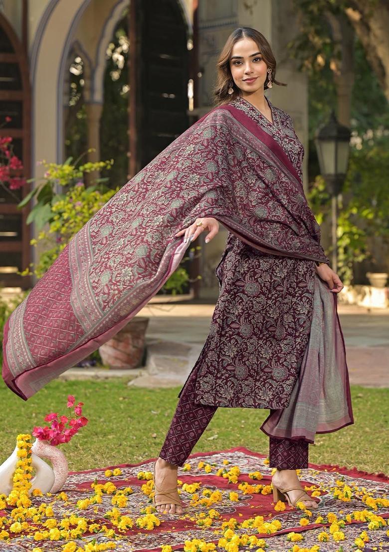 Purple Printed Viscose Kurta Set - Indya