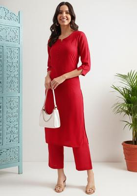 Red Woven Design Polyester Kurta Set