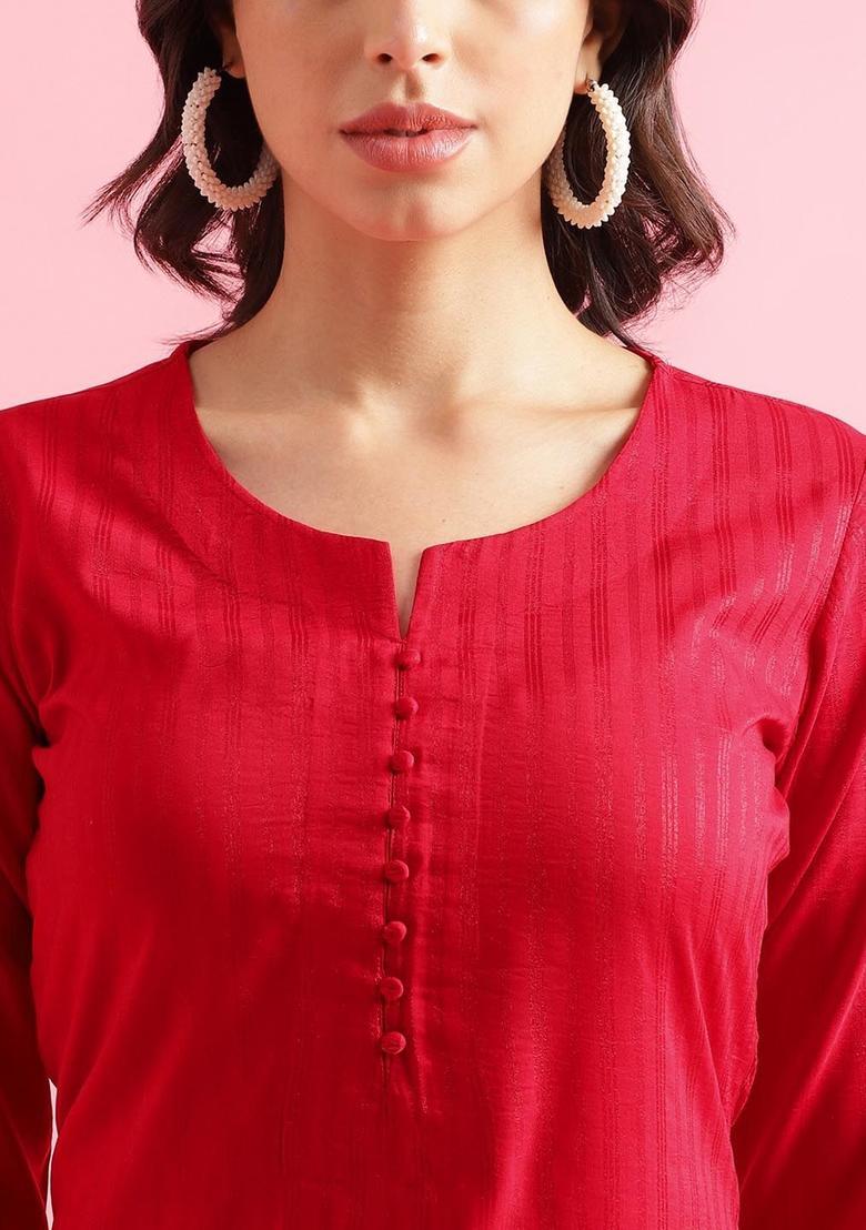 Red Woven Design Polyester Kurta Set - Indya