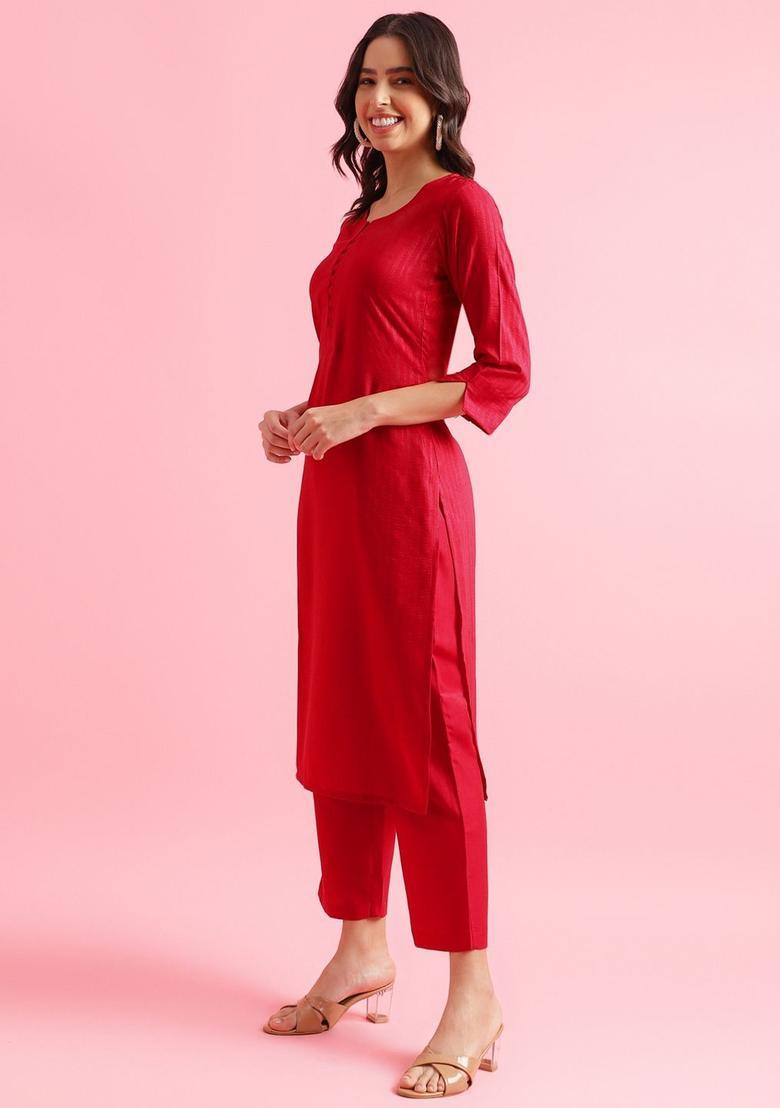 Red Woven Design Polyester Kurta Set - Indya