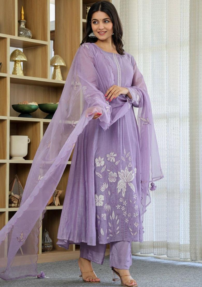 Purple Embroidered Silk Kurta Set - Indya