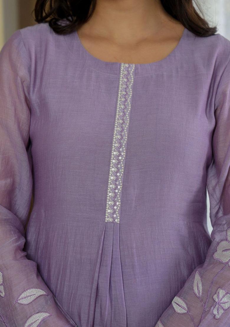 Purple Embroidered Silk Kurta Set - Indya