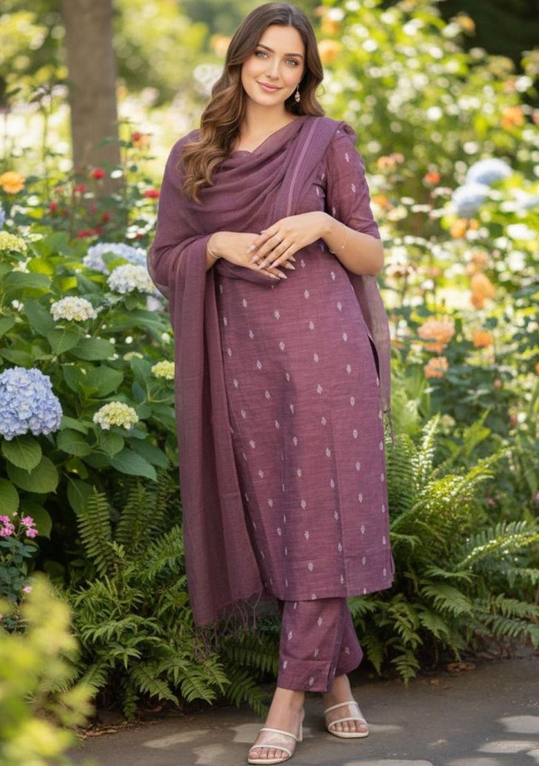 Purple Woven Design Viscose Kurta Set - Indya