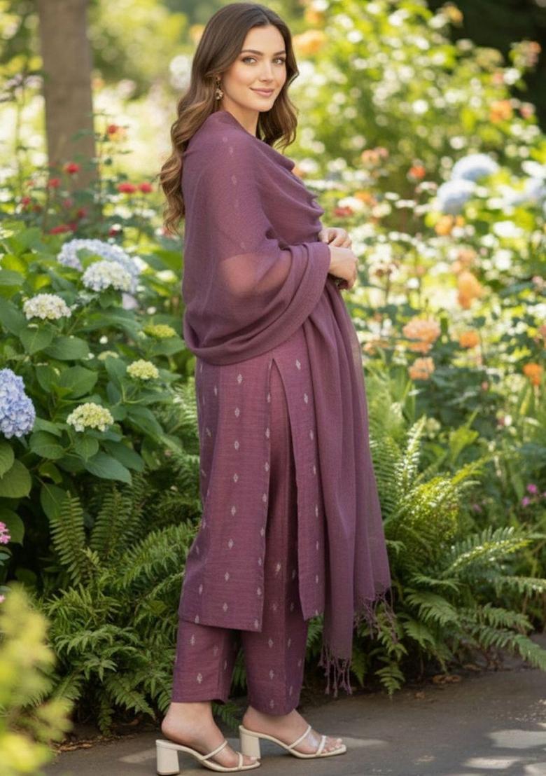 Purple Woven Design Viscose Kurta Set - Indya