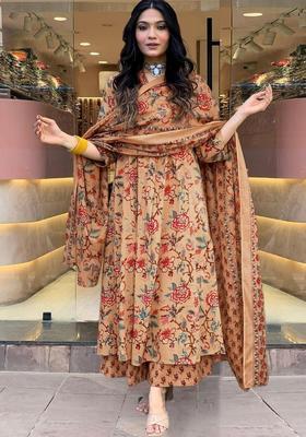 Beige Printed Viscose Kurta Set