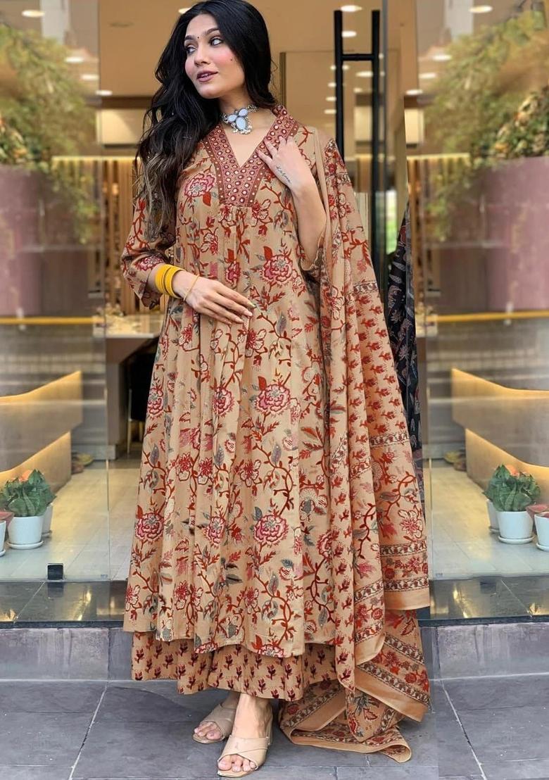 Beige Printed Viscose Kurta Set - Indya