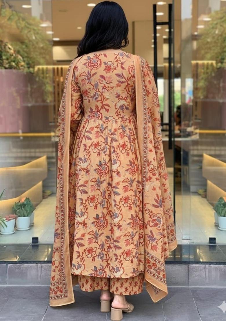 Beige Printed Viscose Kurta Set - Indya