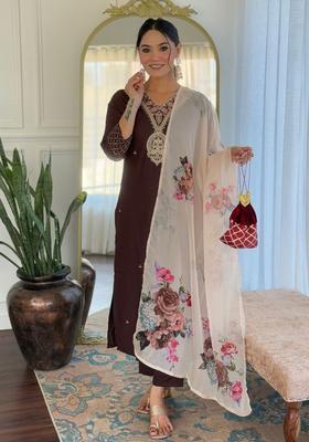 Brown Embroidered Viscose Kurta Set