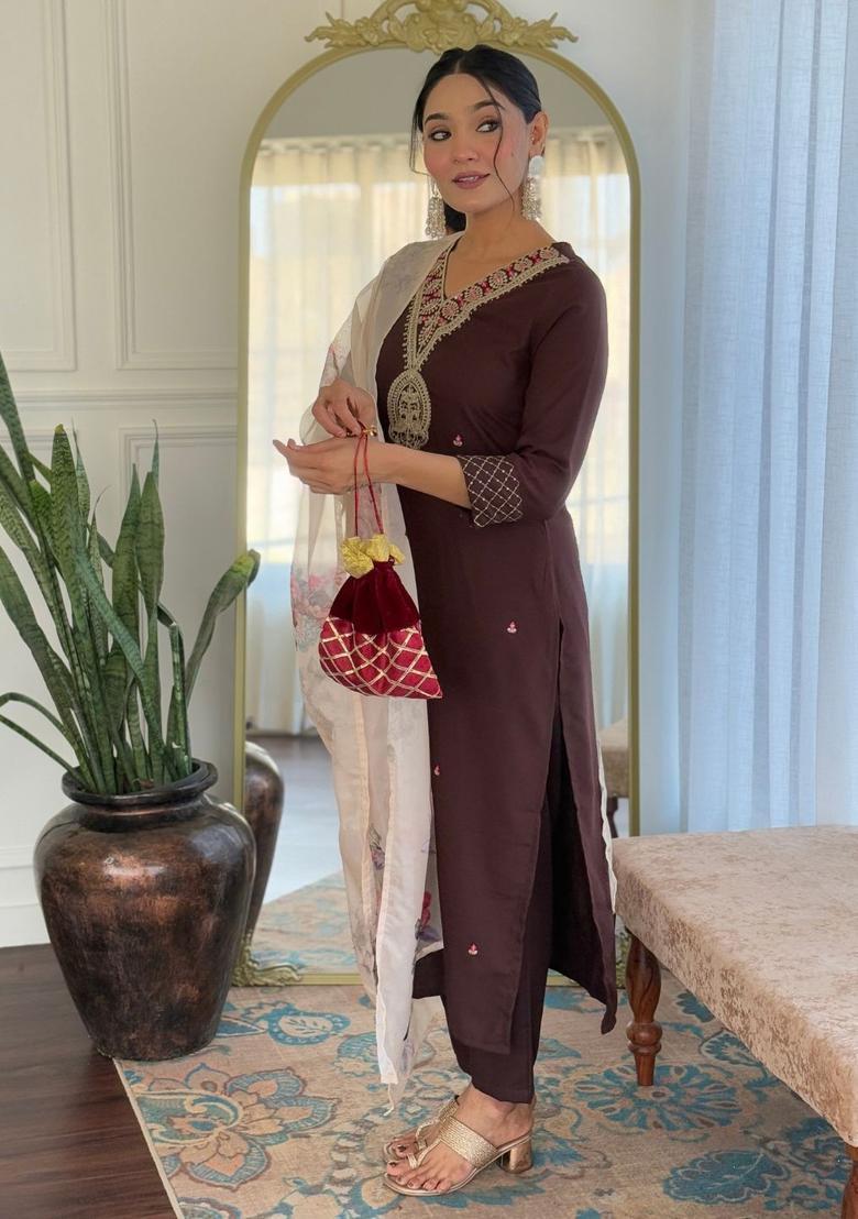 Brown Embroidered Viscose Kurta Set - Indya