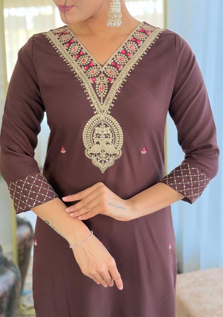 Brown Embroidered Viscose Kurta Set - Indya
