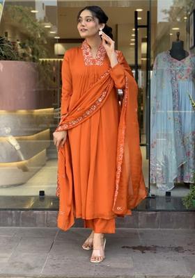 Orange Embroidered Viscose Kurta Set