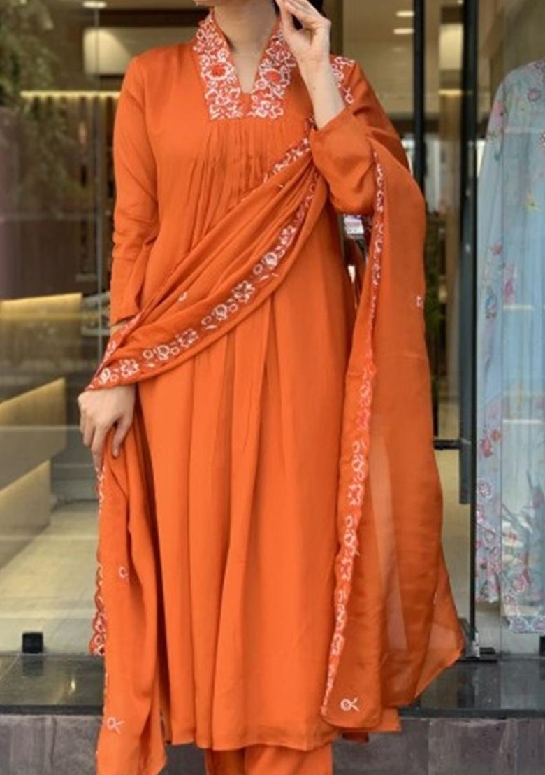 Orange Embroidered Viscose Kurta Set - Indya