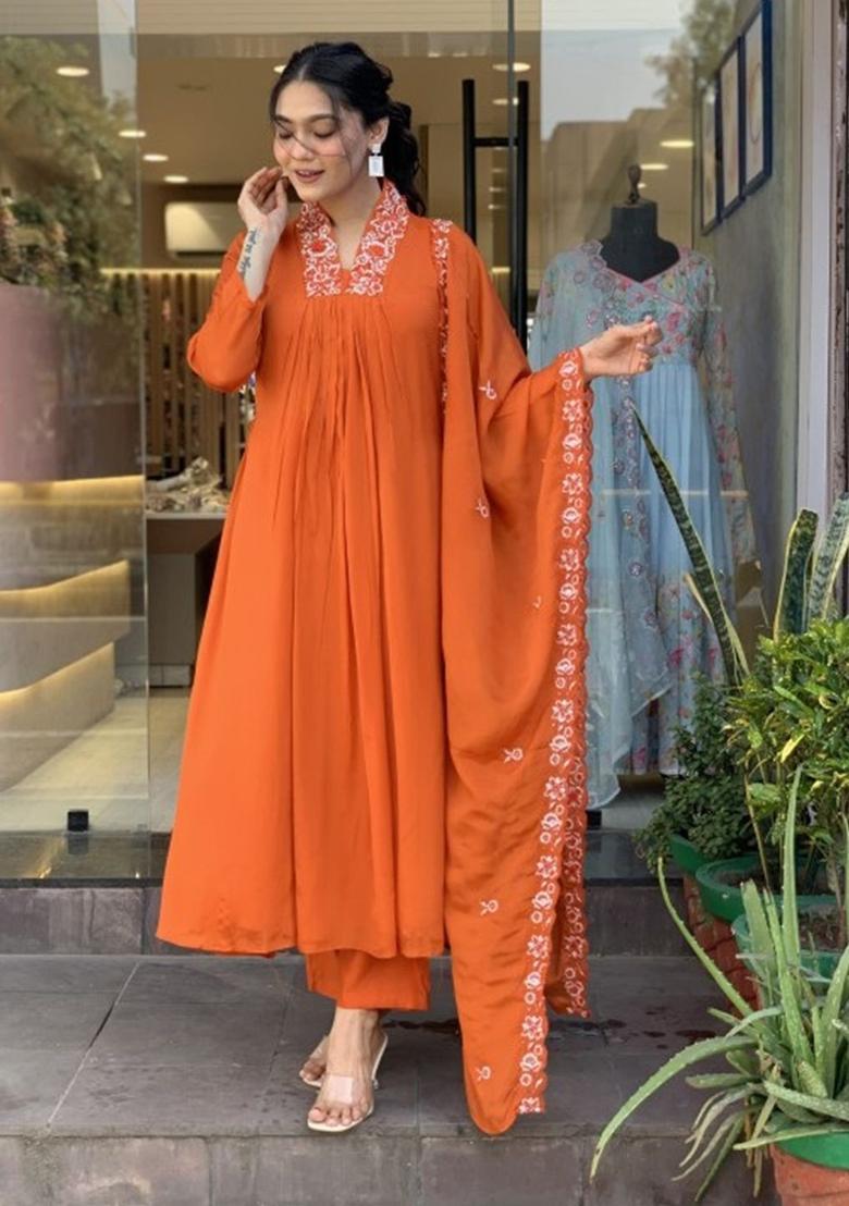 Orange Embroidered Viscose Kurta Set - Indya