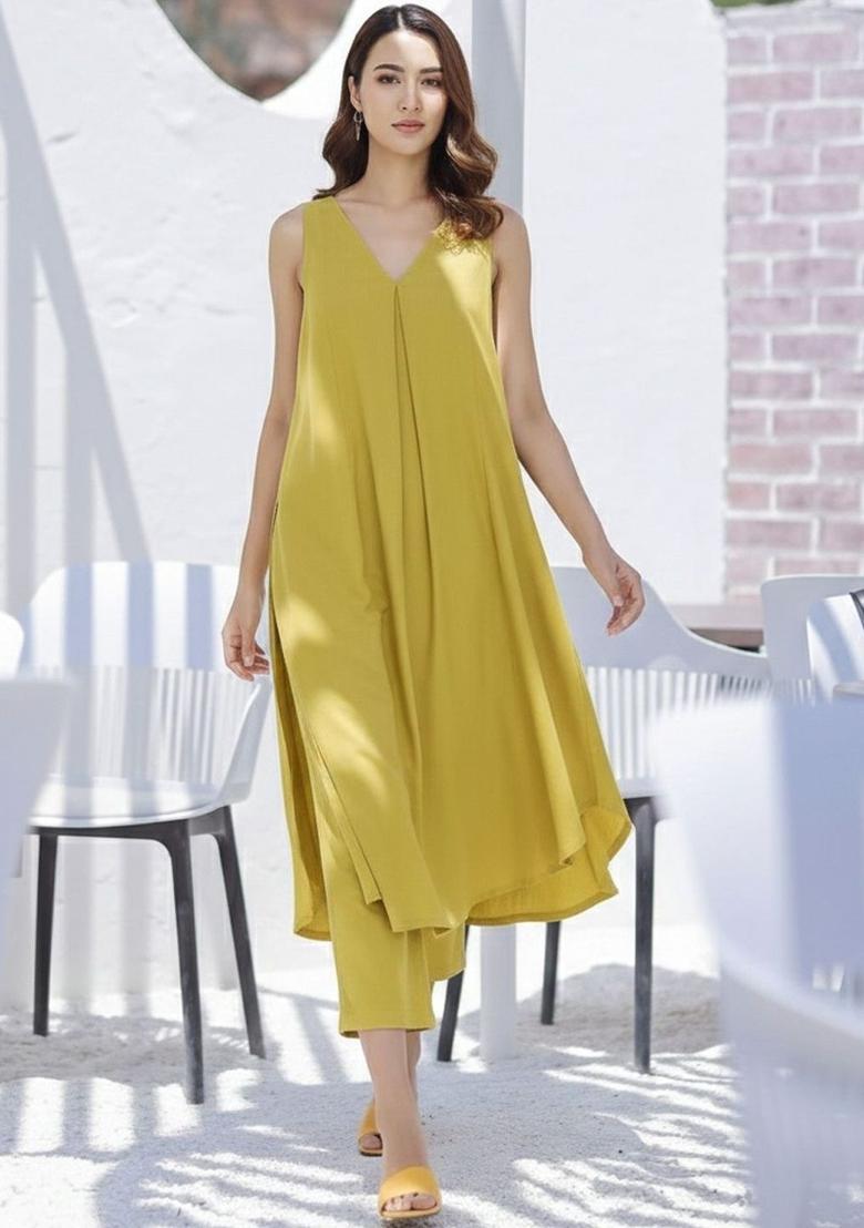 Yellow Solid Viscose Kurta Set - Indya
