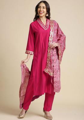 Pink Solid Silk Blend Kurta Set