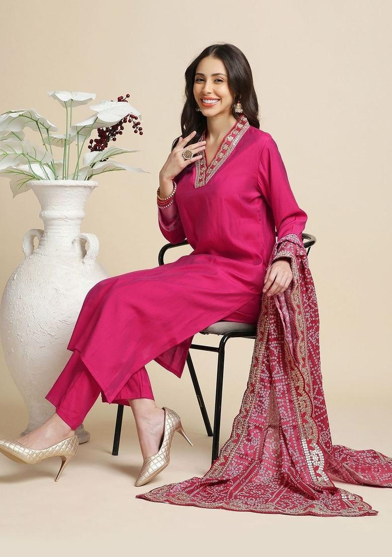 Pink Solid Silk Kurta Set - Indya