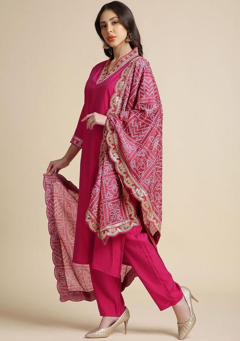 Pink Solid Silk Kurta Set - Indya
