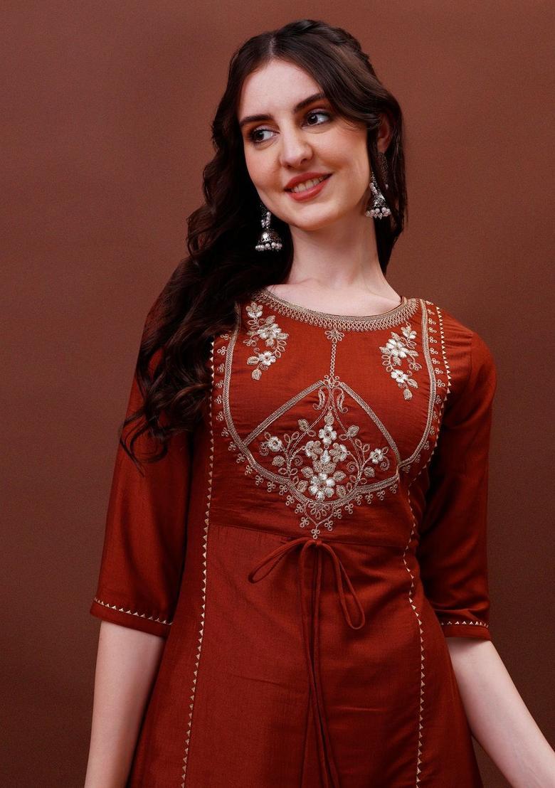 Orange Yoke Design Silk Kurta Set - Indya