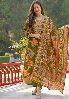 Olive Printed Viscose Kurta Set