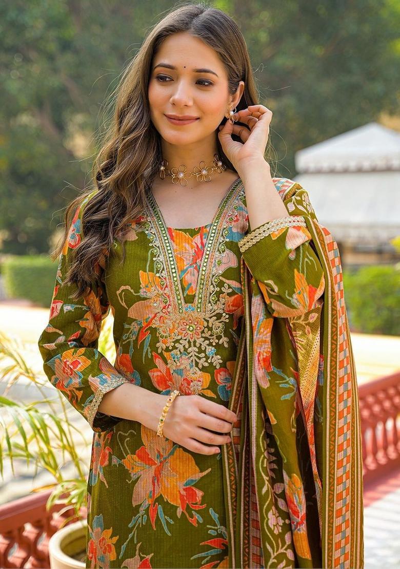 Olive Printed Viscose Kurta Set - Indya