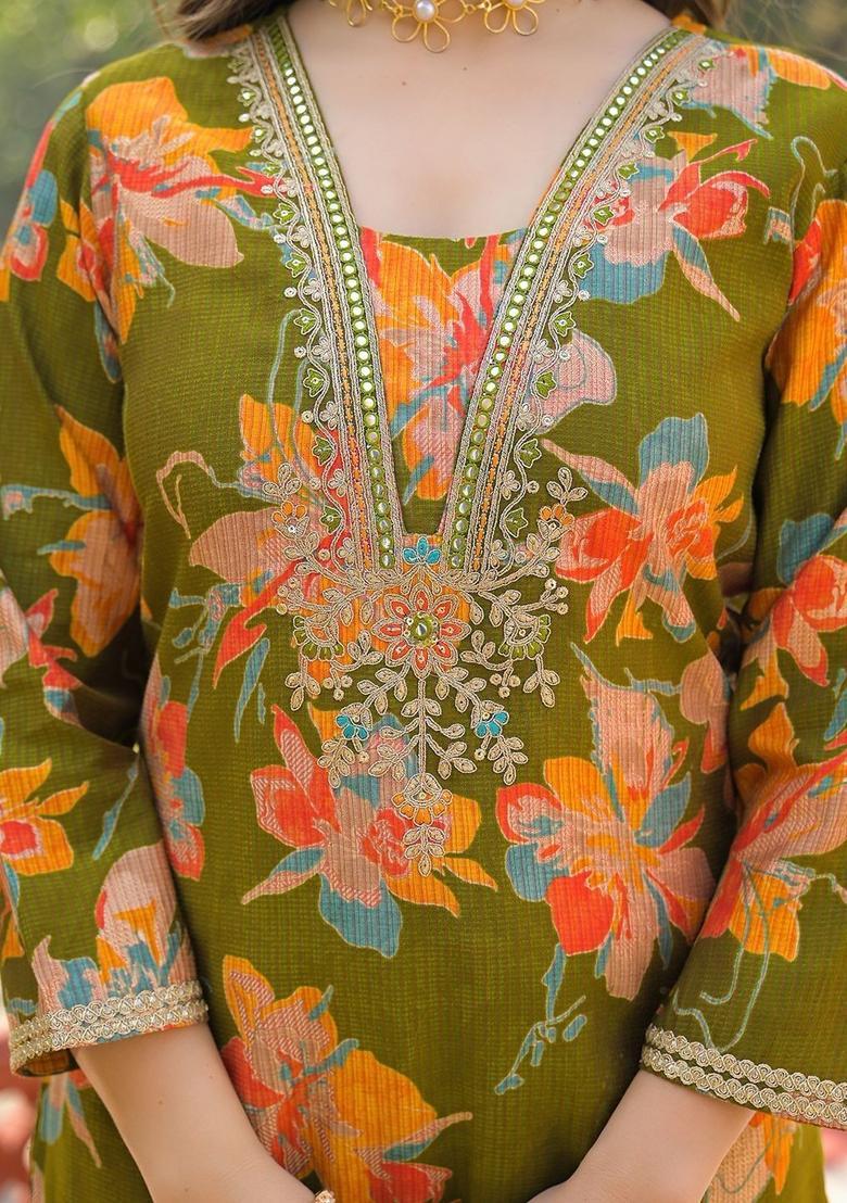 Olive Printed Viscose Kurta Set - Indya