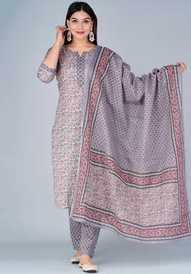 Grey Printed Cotton Kurta Set