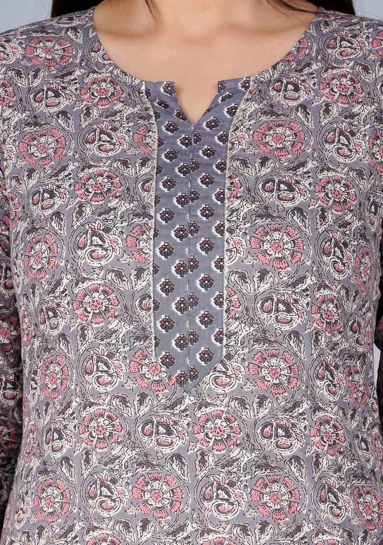 Grey Printed Cotton Kurta Set - Indya