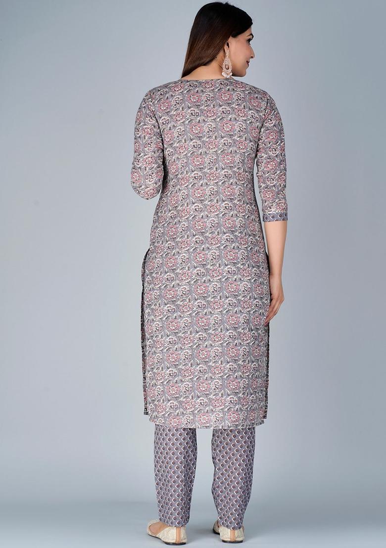 Grey Printed Cotton Kurta Set - Indya