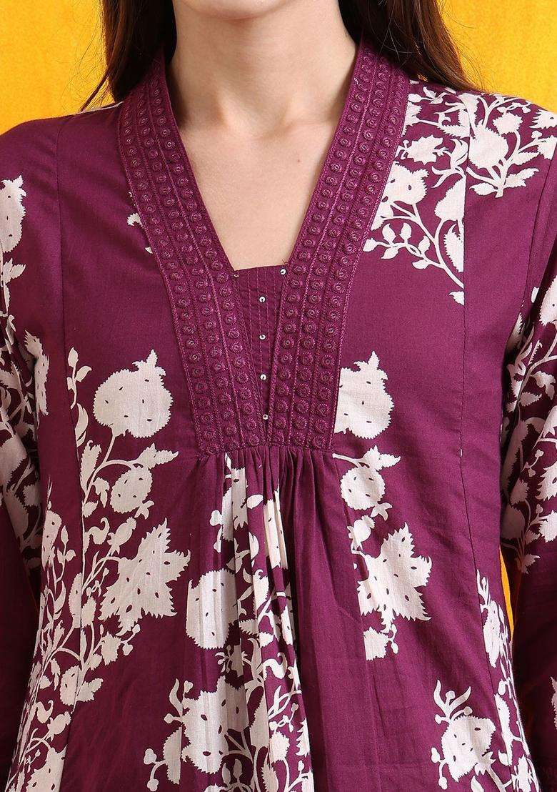 Purple Printed Viscose Kurta Set - Indya