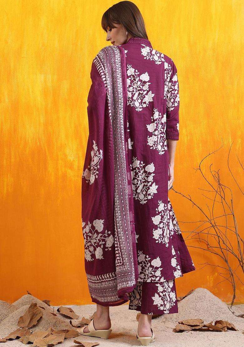 Purple Printed Viscose Kurta Set - Indya