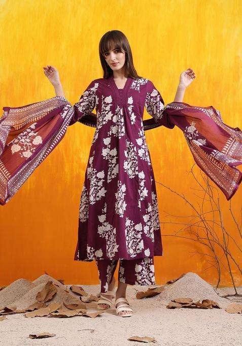 Purple Printed Viscose Kurta Set