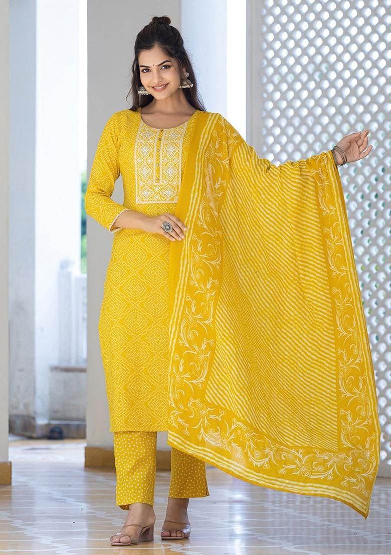 Yellow Printed Viscose Kurta Set - Indya