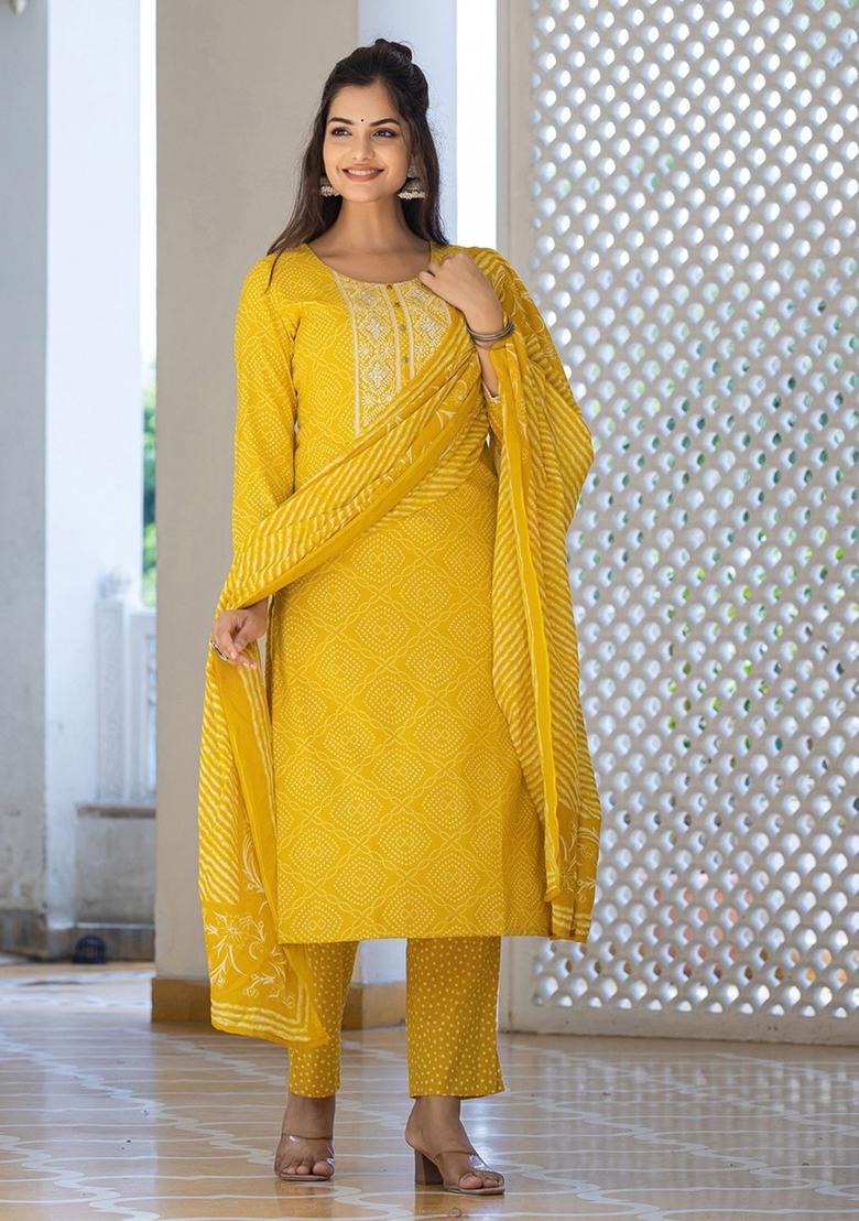 Yellow Printed Viscose Kurta Set - Indya