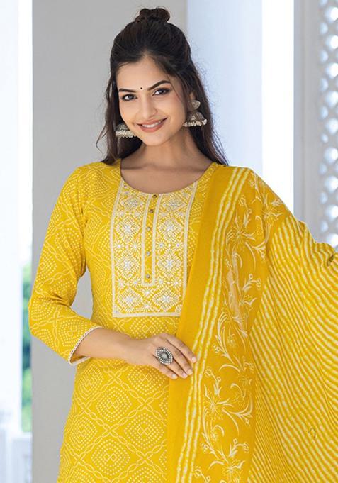 Yellow Printed Viscose Kurta Set — view on Indya