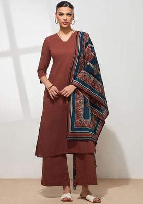 Brown Solid Cotton Kurta Set