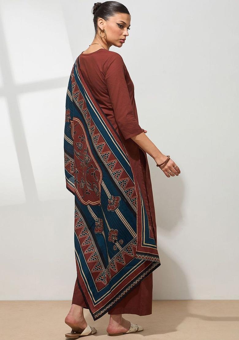 Brown Solid Cotton Kurta Set - Indya