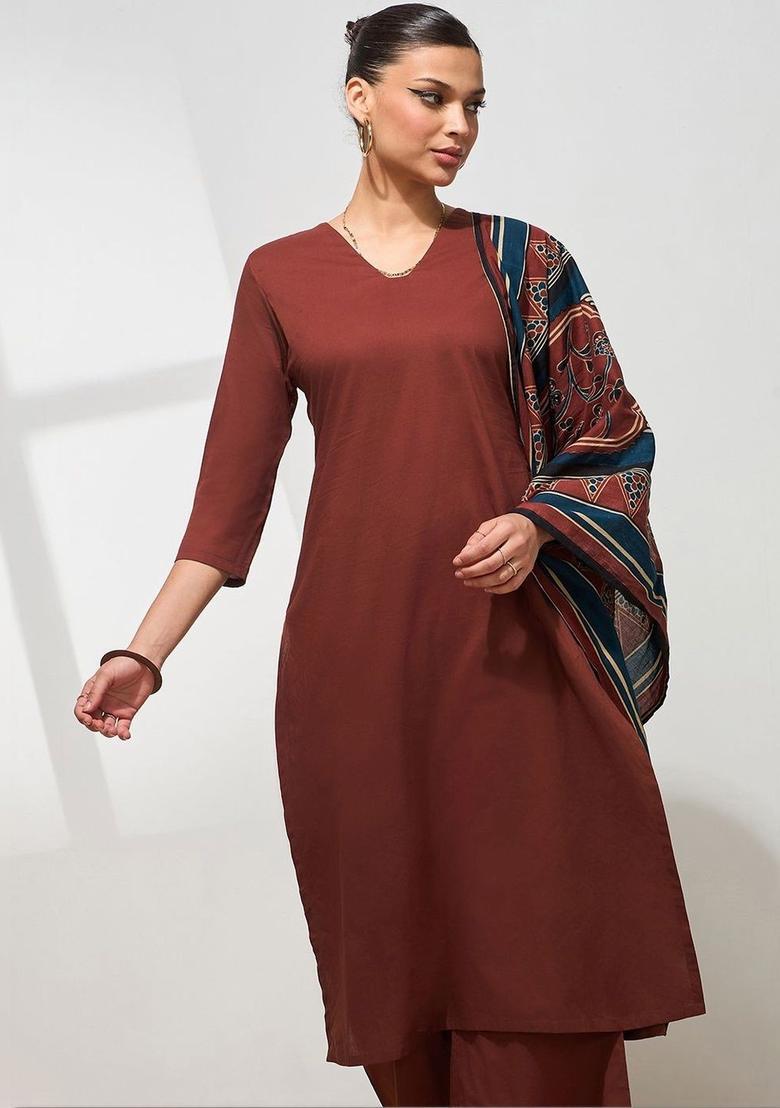 Brown Solid Cotton Kurta Set - Indya
