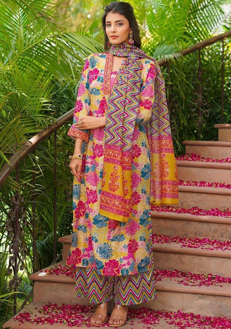Yellow Printed Viscose Kurta Set - Indya