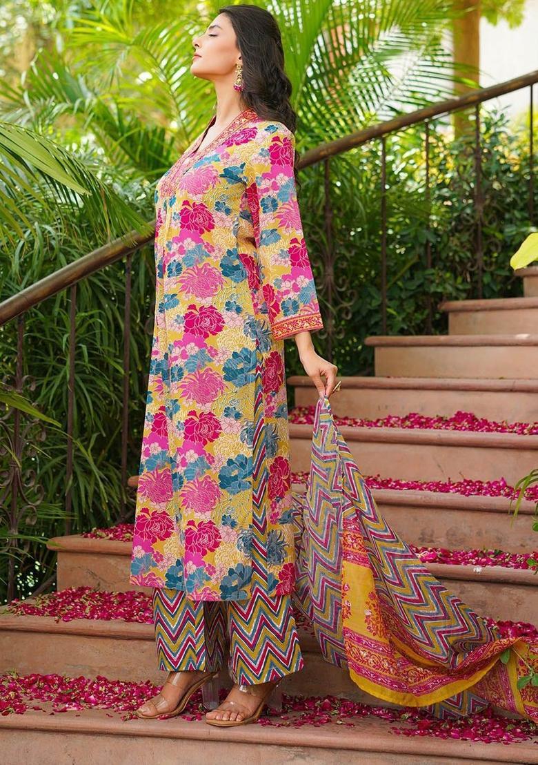 Yellow Printed Viscose Kurta Set - Indya